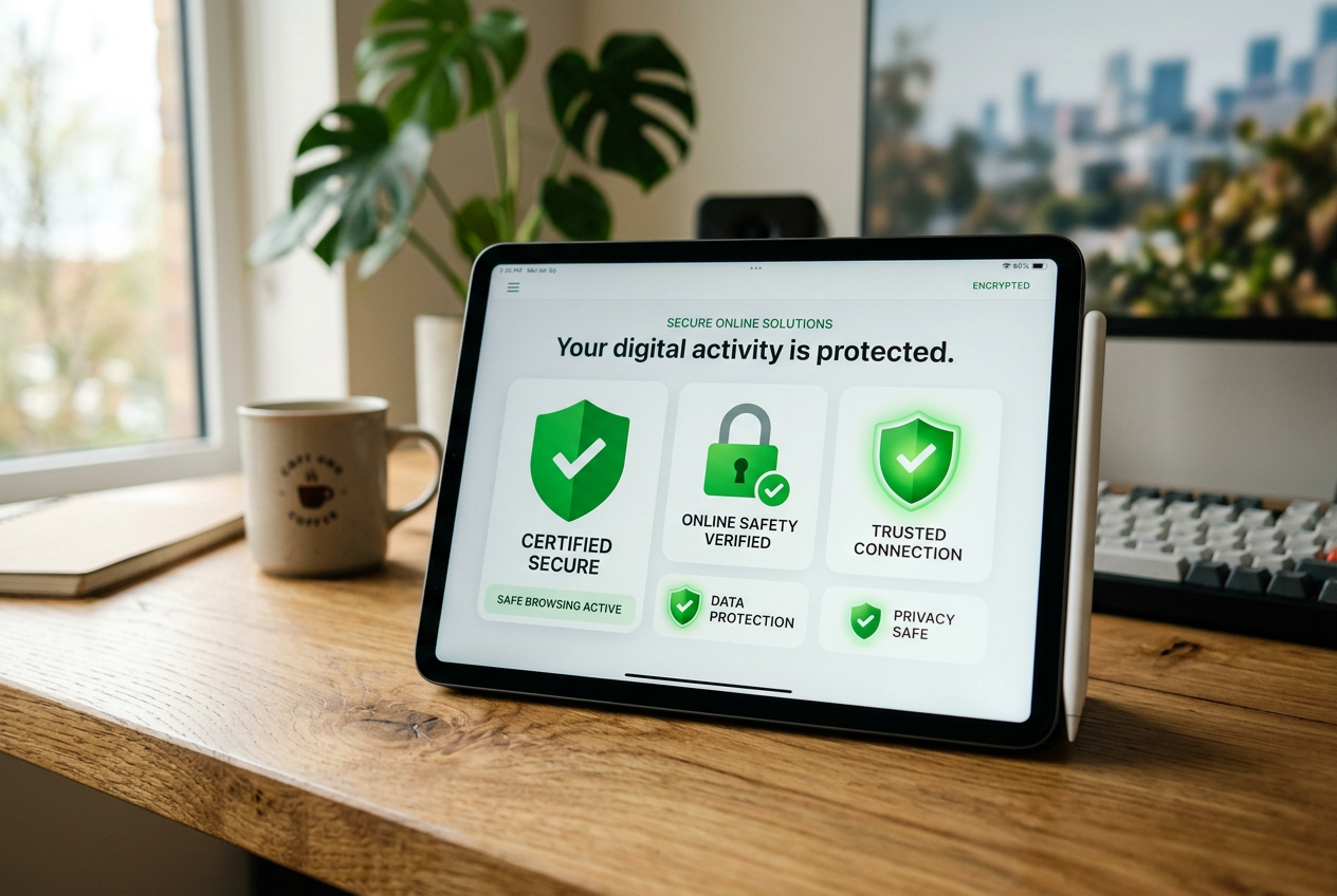 Digital tablet displaying online casino security certification symbols