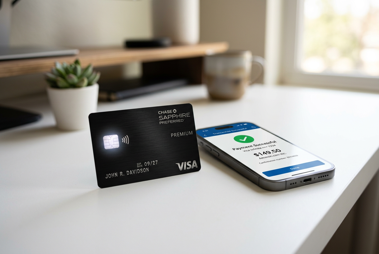 Μια κάρτα Visa δίπλα σε ένα smartphone σε ένα σύγχρονο περιβάλλον.