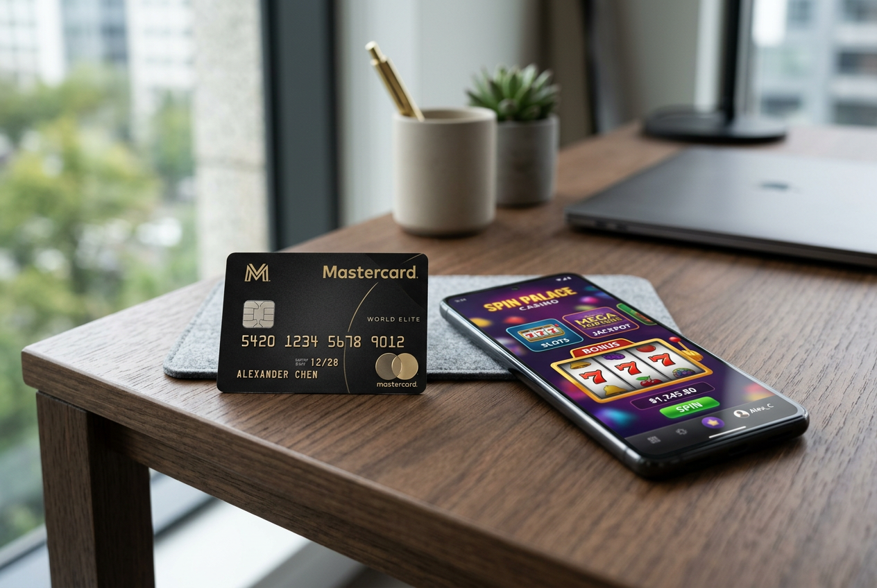 Μια πιστωτική κάρτα Mastercard δίπλα σε ένα smartphone που εμφανίζει παιχνίδια καζίνο