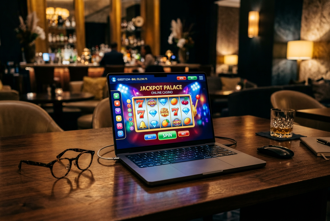 A high-end laptop showing an online casino interface on a wooden desk