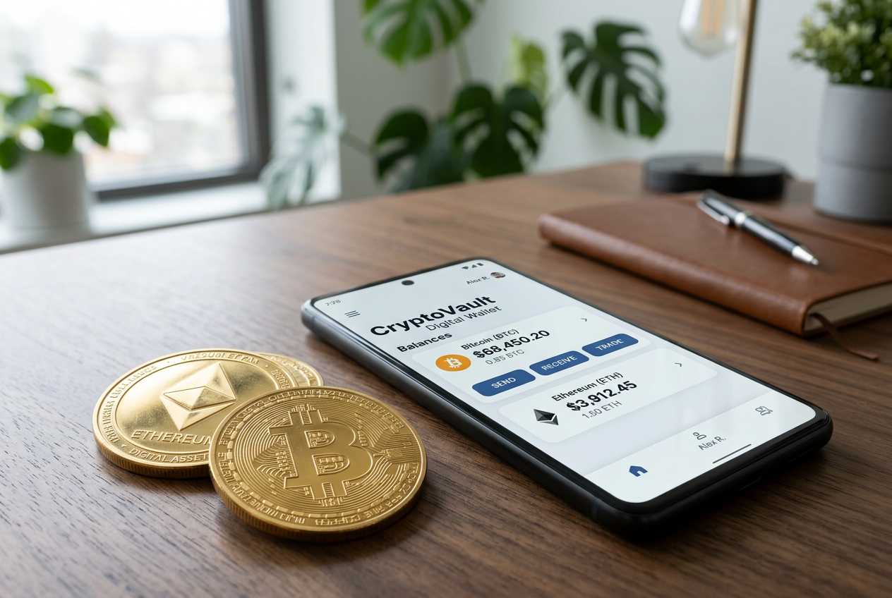 Digital wallet and cryptocurrency coins on a professional desk.