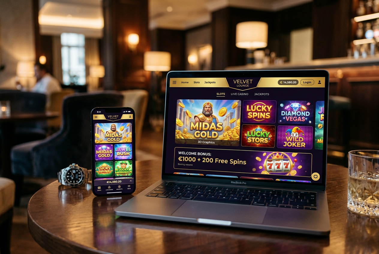 Modern digital devices showing online casino games in a luxury setting.